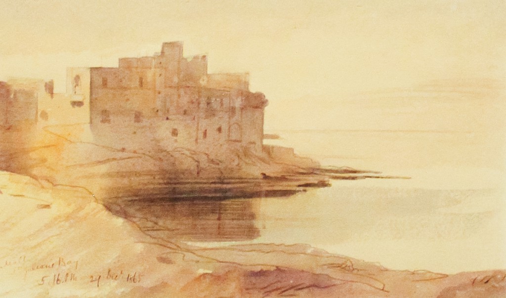 Edward Lear's watercolor painting of St. Julian's Bay, Malta, a place that inspired the wanderlust of this British master of wordplay. (Image by Edward Lear, public domain via Wikimedia Commons) 