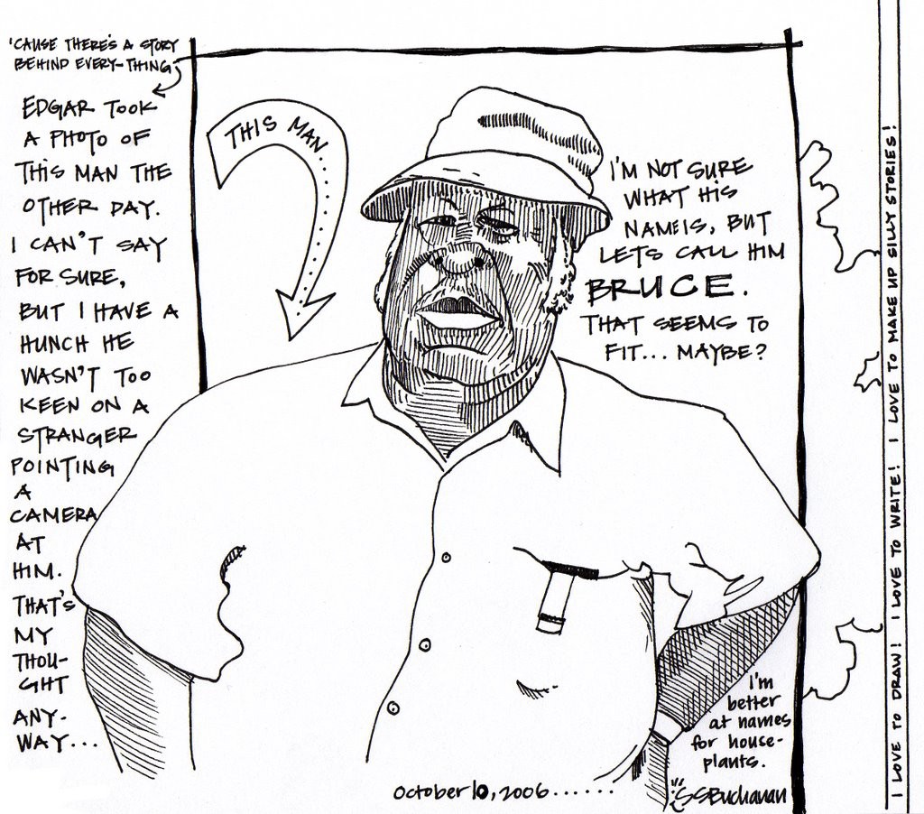 Drawing of a man, showing an aha moment in a travel sketchbook (image © Suzanne Cabrera).