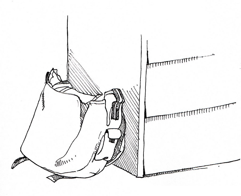 A drawing of a bag on the ground, a clue to a aha moment (image © Suzanne Cabrera).