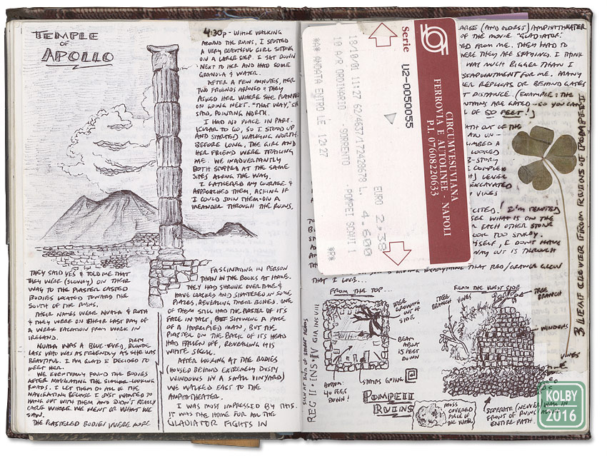A sketchbook with drawings of Pompeii and writing, showing the aha moment of the travel sketchbook (image © Kolby Kirk).