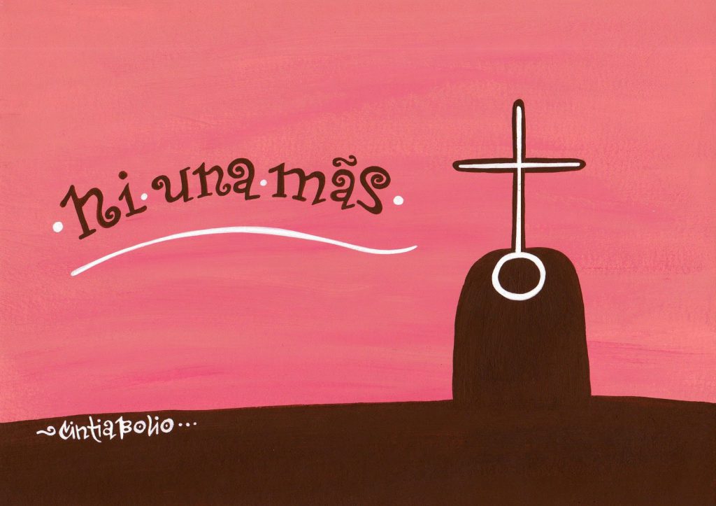 A cartoon showing the female symbol as a cross on a tombstone, drawn by Cintia Bolio, a Mexican cartoonist fighting gender stereotypes. (image © Cintia Bolio).