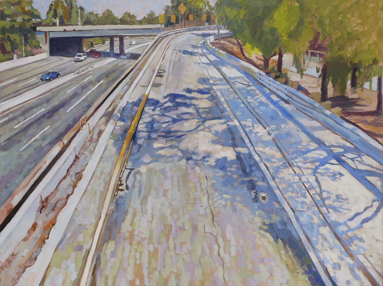 Randall Von Bloomberg's "Freeway Off-Ramp" (oil on canvas) suggests that a journey begins at any given moment, with or without travel anticipation. Image © Randall Von Bloomberg