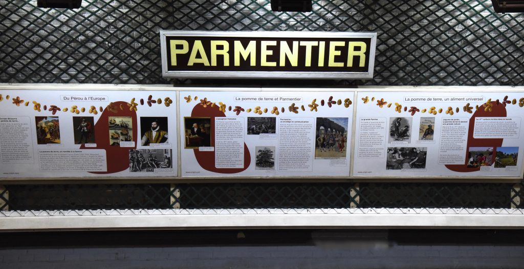 Paris metro stop Parmentier, showing the cultural heritage of the potato in France. (Image © Meredith Mullins.)