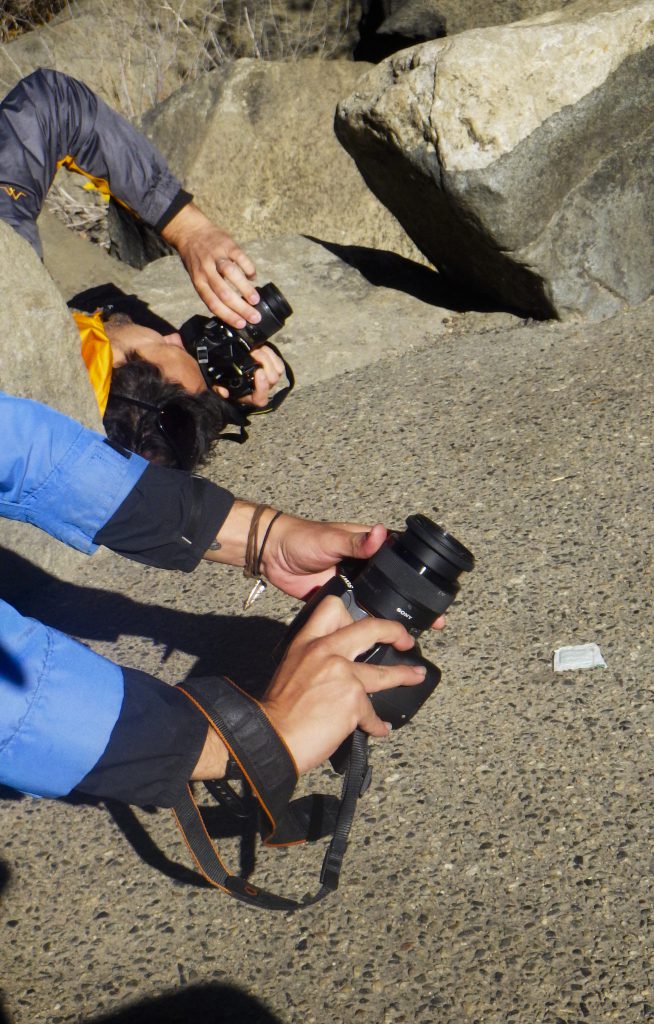 Two photographers crouching on the ground, showing how people try to experience Yosemite. (image © Eva Boynton)