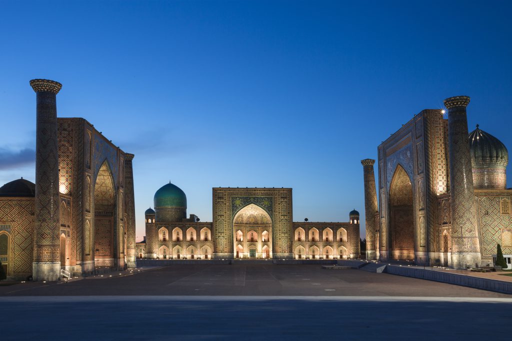 Registan Square in Samarkand, Uzbekistan, travel inspiration for Paul Salopek on his Out of Eden Walk. (Image © Ozbalci/iStock.)