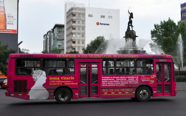 Athena bus line in Mexico City, illustrating a type of pink transportation that advances women's rights and gender equality (image © Amy Graglia).
