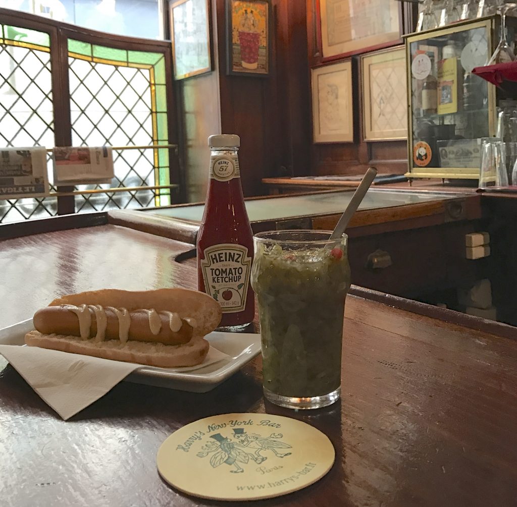 Hot dog at Harry's New York Bar in Paris, part of crossing cultures in celebration of Independence Day. (Image © Meredith Mullins.)
