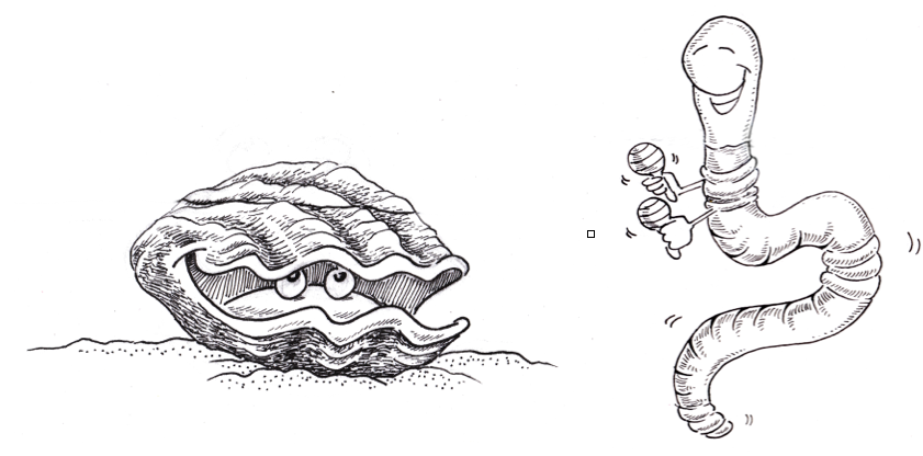 A cartoon of a smiling clam and a dancing worm with maracas, showing how visual wordplay with Spanish and English proverbs tickles the bilingual brain. (image © Eva Boynton).