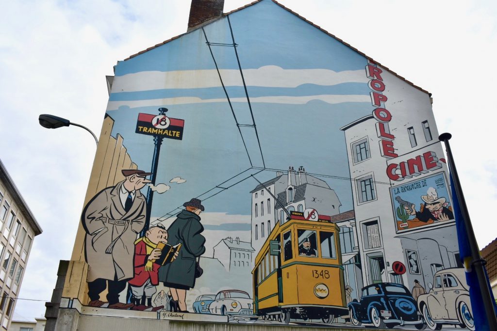 A mural of Yves Chaland’s comic-book character, Le Jeune Albert, in Brussels shows why comic books are a popular cultural tradition in Belgium. (Image © Joyce McGreevy)