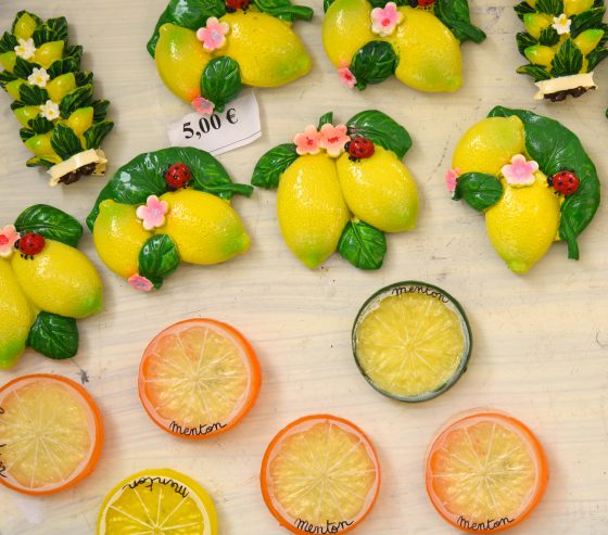 Lemon magnets at the Menton Lemon Festival, travel inspiration for unusual events. (Image © Meredith Mullins.)