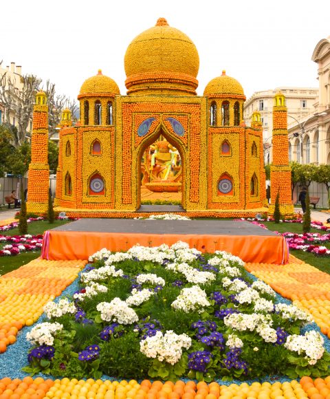 The Taj Mahal in lemons and oranges at the Menton Lemon Festival, travel inspiration for unusual events. (Image © Meredith Mullins.)