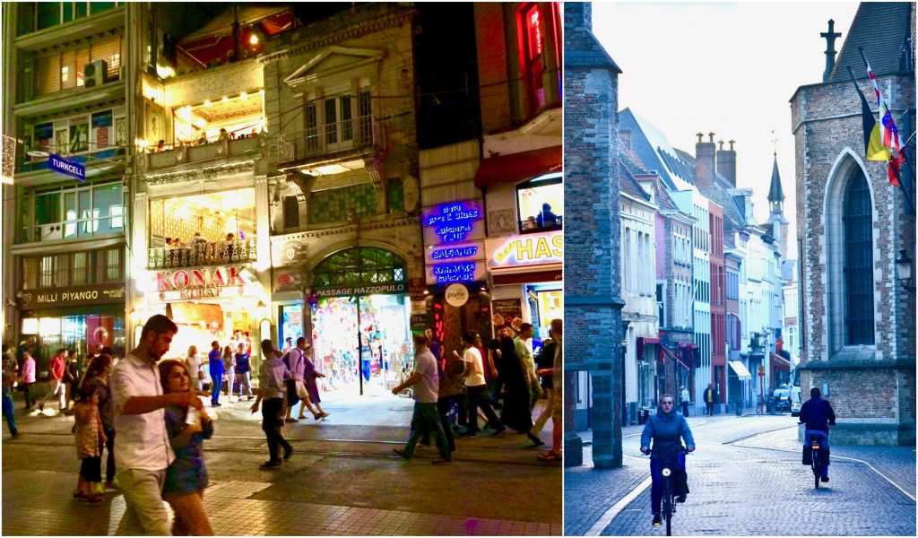 Street scenes in Istanbul, Turkey and Bruges, Belgium show why walking is a great way of seeing the world close up. (Image @ Joyce McGreevy)