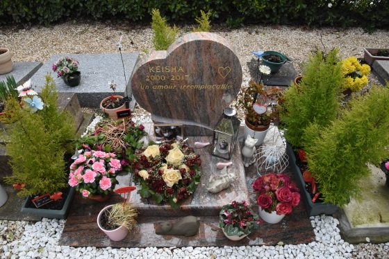 Tombstone for Keisha, filled with flowers and trinkets, showing the cultural traditions of pet lovers in the Paris pet cemetery. (Image © Meredith Mullins.)