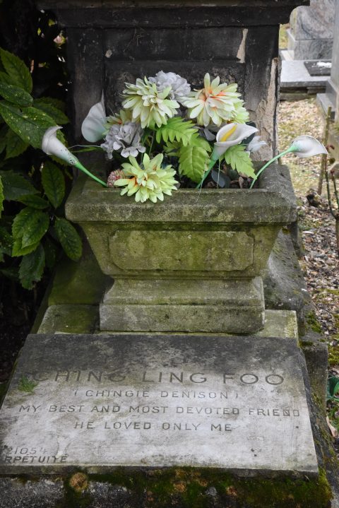 Tombstone with flowers in the Paris pet cemetery, showing cultural traditions for saying farewell to pets. (Image © Meredith Mullins.)