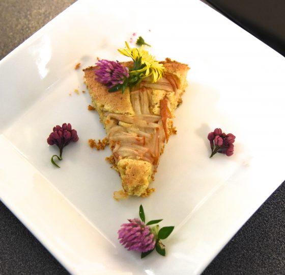 Piece of lavender cake from the healthy recipes of chef Hubert Hohler at the Buchinger-Wilhelmi clinic in Germany, showing a cultural encounter with healthy eating. (Image © Meredith Mullins.)