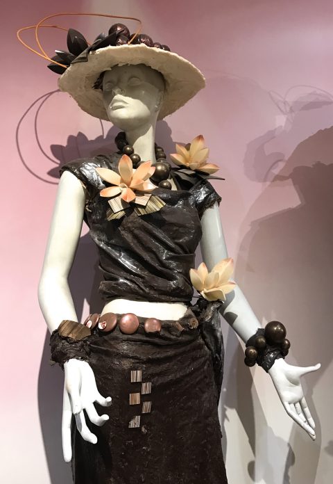 Chocolate dress at the Musée du Chocolat in Paris, showing cultural traditions of chocolate and the cocoa bean and fun facts about chocolate. (Image © Meredith Mullins.)