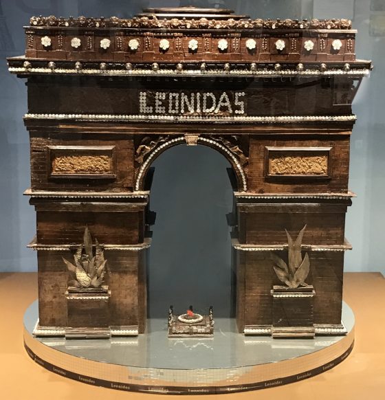 Chocolate Arc de Triomophe by Leonidas at the Musée du Chocolate, showing cultural traditions of chocolate and uses of the cocoa bean, as well as fun facts about chocolate. (Image © Meredith Mullins.)