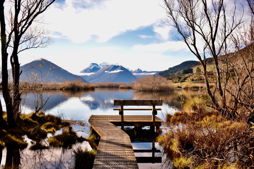 A view from a walking pathway toward Glenorchy Lagoon is a treat for visitors who are walking New Zealand. (Image © Joyce McGreevy)