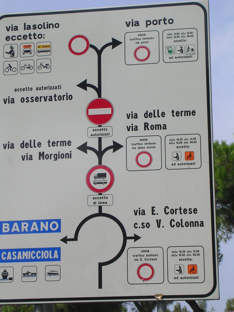 Confusing road signs, like this one in Italy, feature in many travel stories of travel mishaps. 