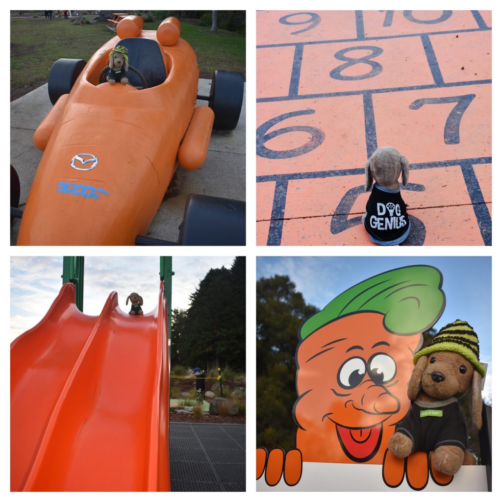 A toy dog at Carrot Park, Ohakune, Ruapehu, evokes memories of a New Zealand travel adventure and Kiwi kindness. (Image © Joyce McGreevy)