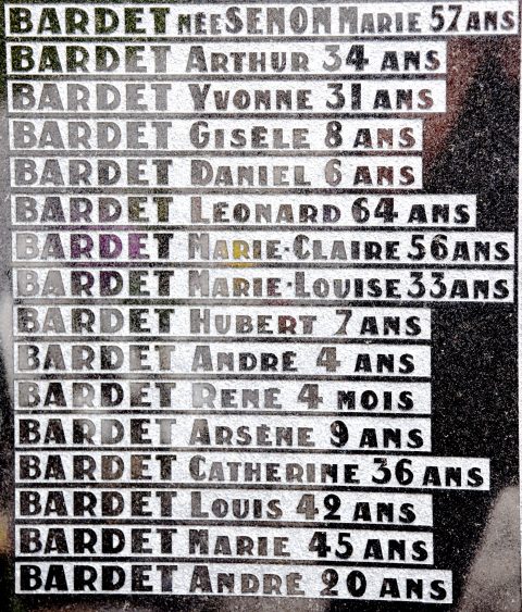 A memorial to the Bardet family in Oradour-sur-Glane, an important part of the cultural history of WW II in France. (Image © Meredith Mullins.)