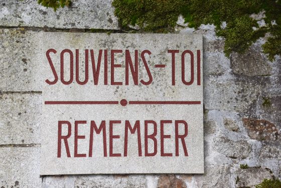 A Remember sign in Oradour-sur-Glane, an important part of the cultural history of WW II in France. (Image © Meredith Mullins.)