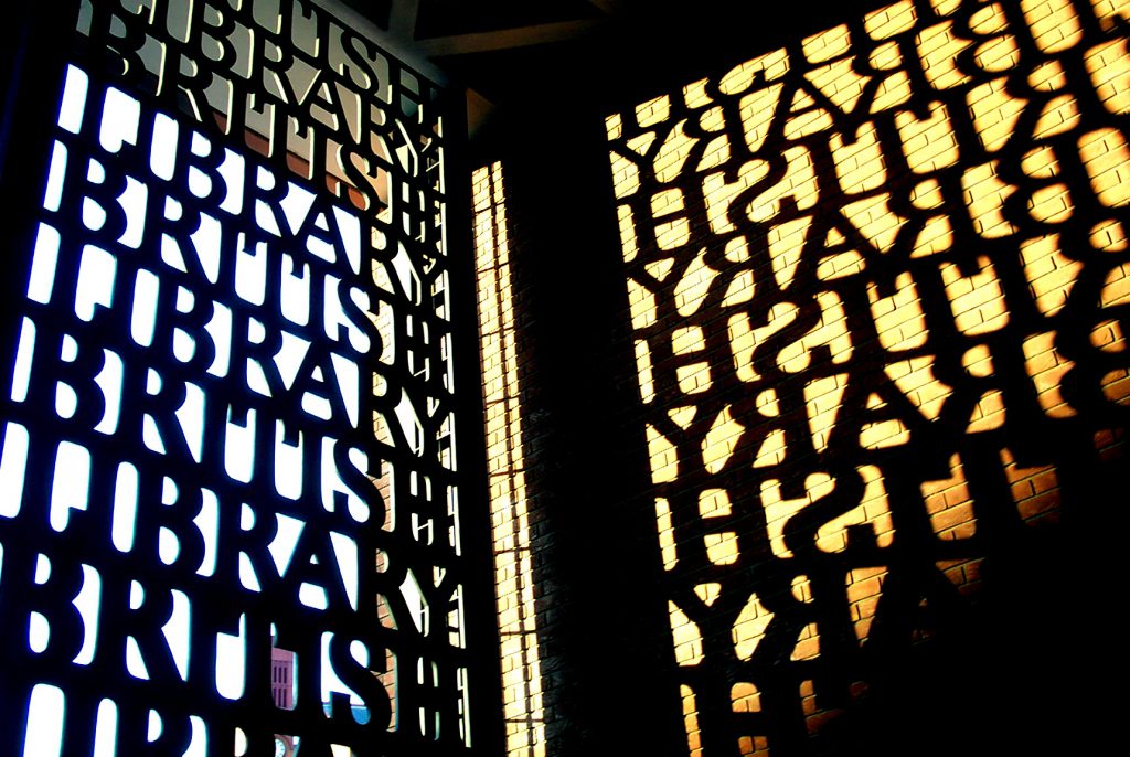 The carved lettering of the British Library's main gate, an artifact of English cultural heritage designed by David Kindersley, (Image C.G.P. Grey) 