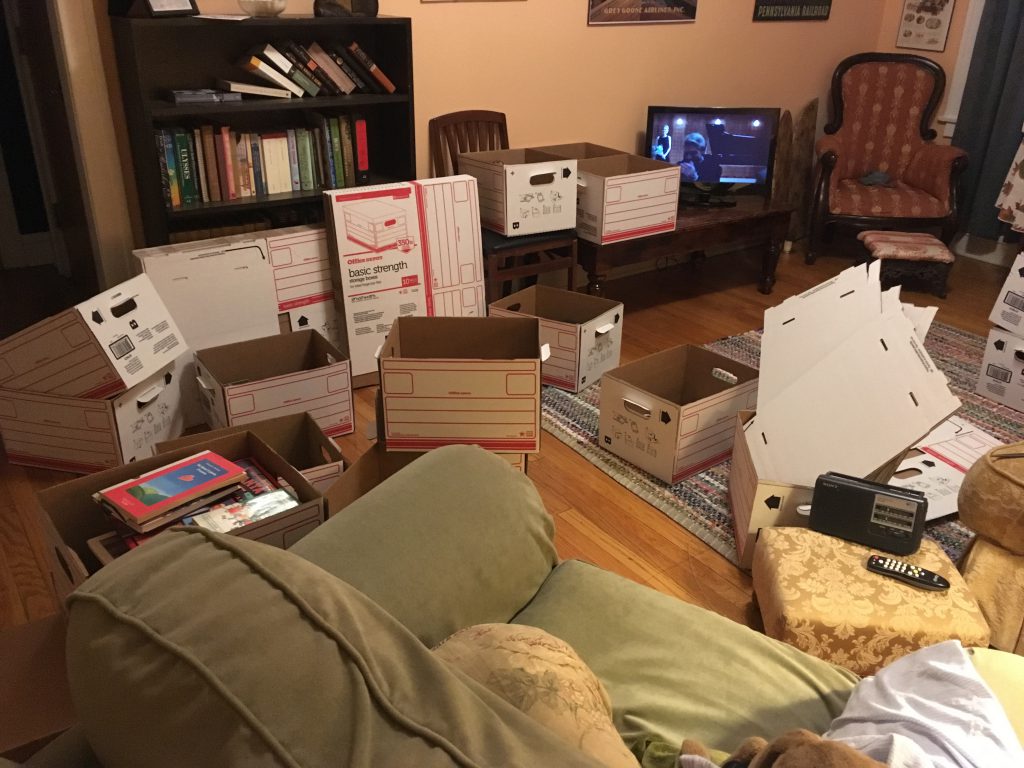  A living room filled with banker boxes in the midst of decluttering by an owner who is becoming a digital nomad. Image © Joyce McGreevy