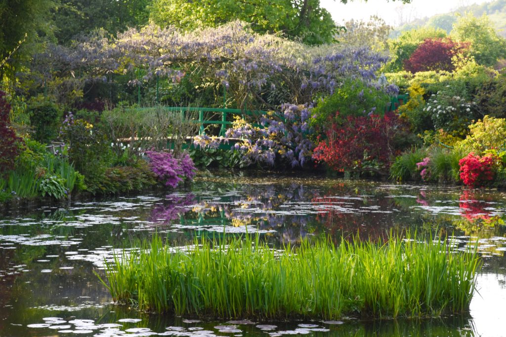 View of the Japanese bridge with wisteria in Monet's Giverny Gardens, travel inspiration for the senses. (Image © Meredith Mullins.)