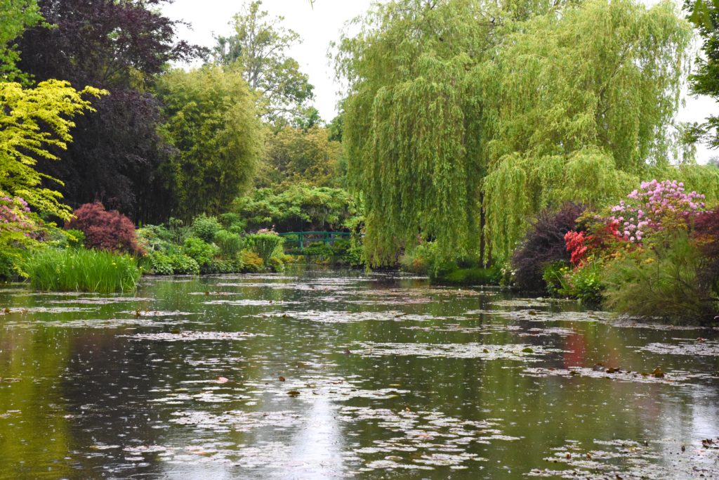 Waterlily pond in the rain, travel inspiration at Monet's Giverny gardens in France. (Image © Meredith Mullins.)