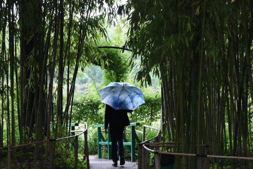 Man with umbrella, travel inspiration in Monet's Giverny gardens in France. (Image © Meredith Mullins.)