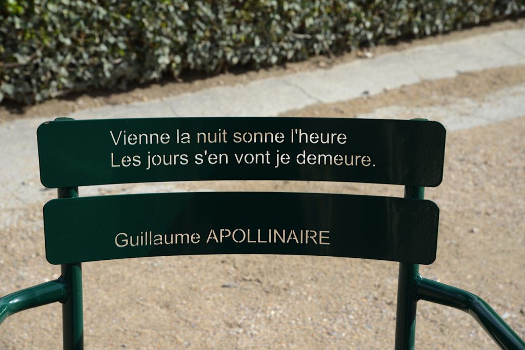 A poetry chair by Michel Goulet at the Palais Royal, Paris honors Guillaume Apollinaire and reflects the wordplay, wit, and wisdom of signage in public spaces. Image © Meredith Mullins