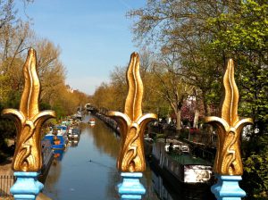 Gold railings in Little Venice Maida Vale are London details that offer travel inspiration. (© Joyce McGreevy)