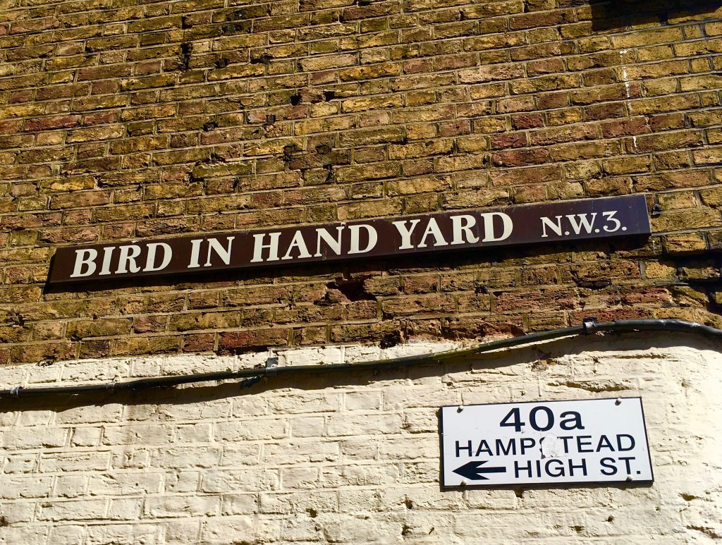 A street sign for Bird in Hand Yard is one of the London details that offer travel inspiration. (@ Joyce McGreevy)