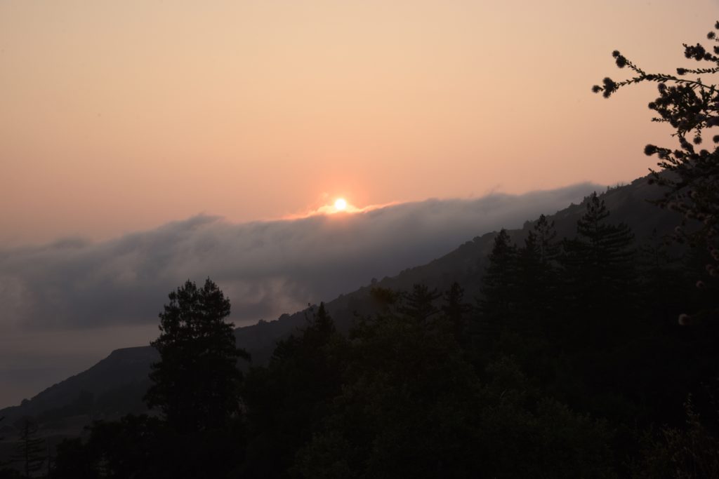 Sunset on the ridge with a fog bank in Big Sur at the New Camaldoli Hermitage, a place for seeking silence and challenging cultural traditions of Labor Day. (Image © Meredith Mullins.)