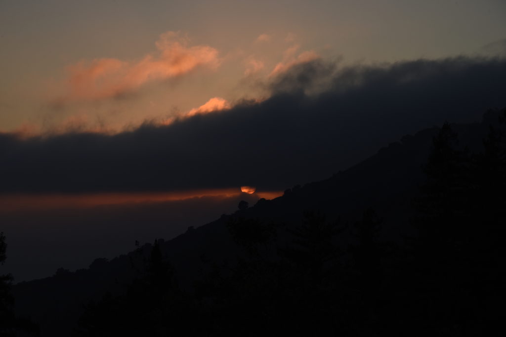 Sunset through fog at the New Camldoli Hermitage in Big Sur, a place for seeking silence and challenging cultural traditions of Labor Day. (Image © Meredith Mullins.)