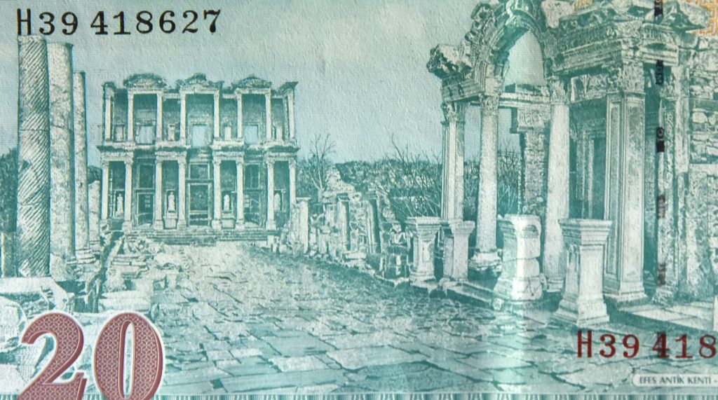 Turkish lira showing Ephesus on the world paper money, also showing cultural heritage and traditions. (Image © Meredith Mullins.)