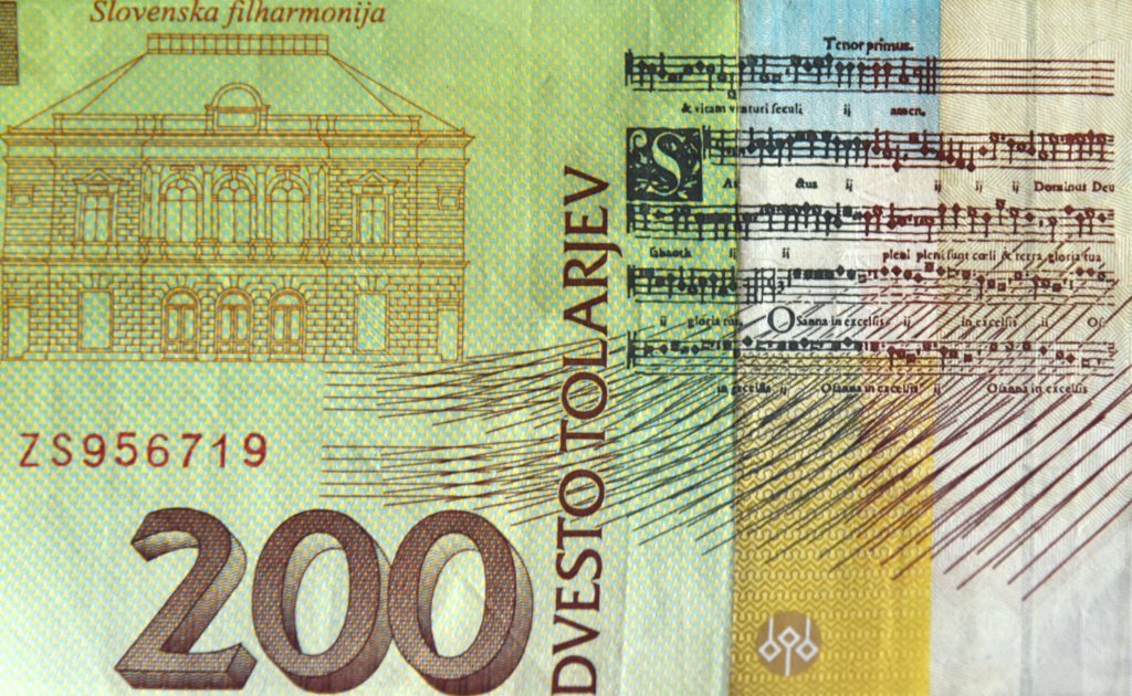 Musical score on the Slovenian solar, part of the world's paper money that shows cultural heritage and traditions. (Image © Meredith Mullins.)