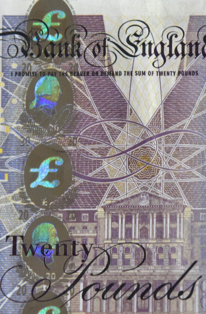 Holograms on the British paper money, showing anti-counterfeit measures on the world's paper money and cultural heritage and traditions. (Image © Meredith Mullins.)
