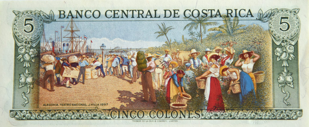 Out-of-circulation banknote from Costa Rica showing coffee harvest and other cultural heritage and traditions. (Image © Meredith Mullins.)