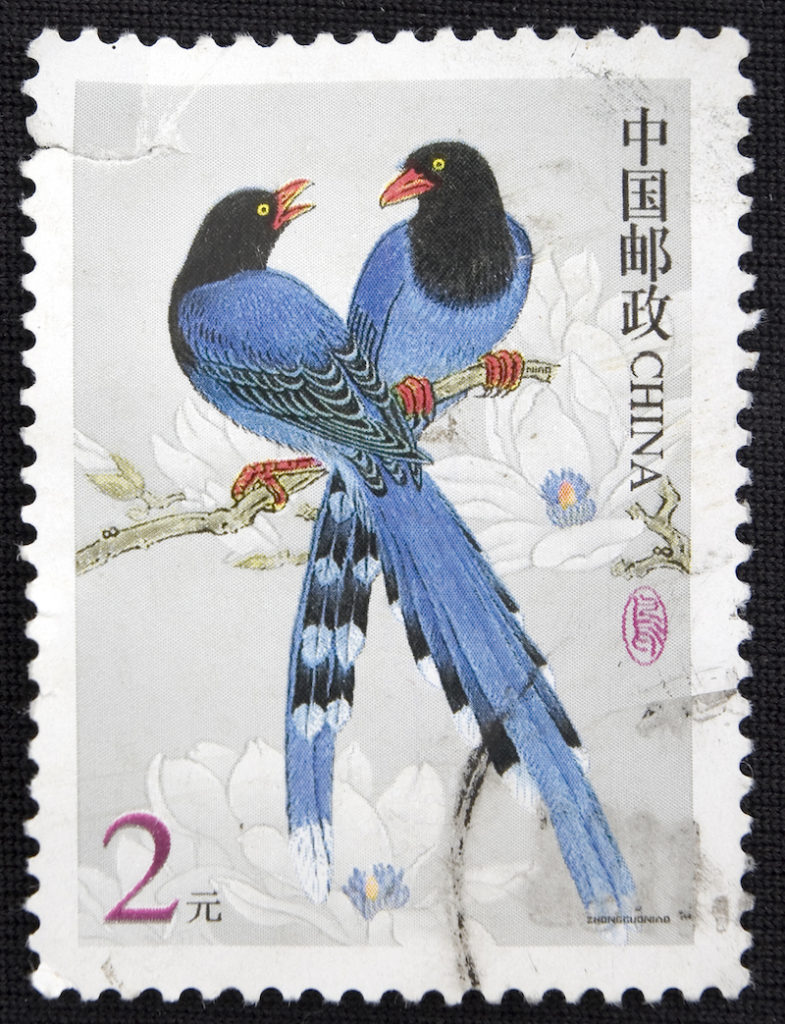Chinese stamp with two blue birds, showing that postage stamps can reveal the cultural heritage and traditions of a country. (Image © zjzpp163/iStock.)