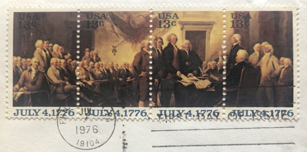 As set of U.S. stamps showing the signing of the U.S. Declaration of Independence. (Image © DMT.)