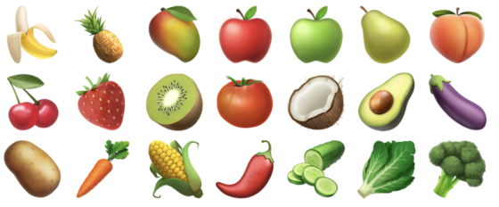 Set of fruit and vegetable emojis, showing culture and language and the universal language of emojis. (Image from Emojipedia.)