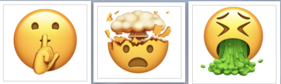 Three emojis (hush, exploding head, and vomiting), showing culture and language and the universal language of emojis. (Image from Emojipedia.)