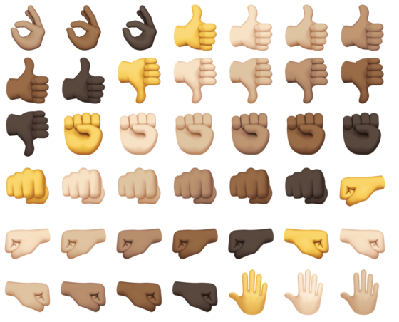 Set of emoji hand signals, showing culture and language and the universal language of emojis. (Image from Emojipedia.)