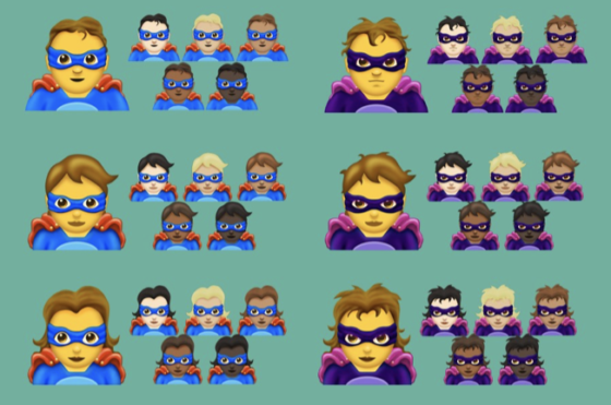 Set of superheroes and super villains for 2018 emojis, showing language and culture and the universal language of emojis. (Image from Emojipedia.)