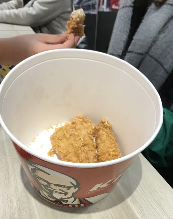 Bucket of Kentucky Fried Chicken, showing the cultural traditions of Japan at Christmas and holiday food around the world. (Image © Meredith Mullins.)