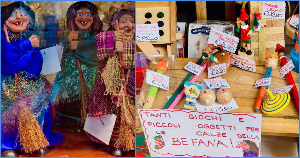 Shop windows in Florence, Italy celebrate the cultural tradition of Festa della Befana. (Image © Joyce McGreevy)