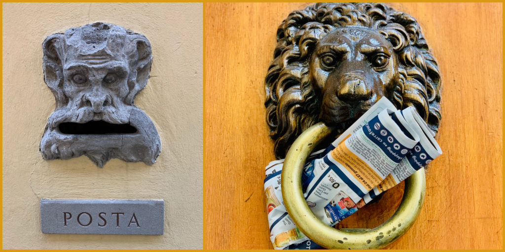 A post box and a door knocker in Florence Italy inspire an aha moment about the small pleasures of life's little rituals. (Image © Joyce McGreevy)