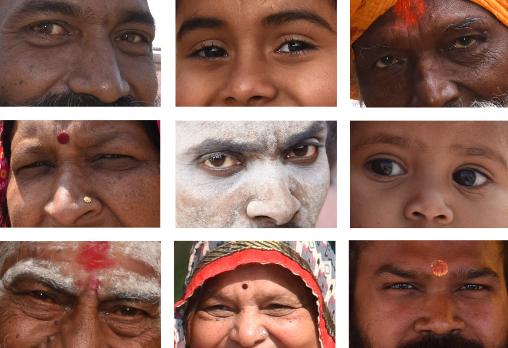 Grid of Hindu eyes, showing the amazing places on earth including the Kumbh Mela of India. (Image © Meredith Mullins.)